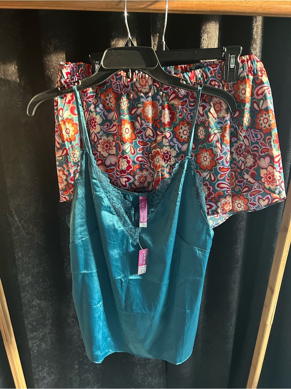 Adore Me Teal Satin Cami & Multicolor Floral Satin Shorts Pajama Set